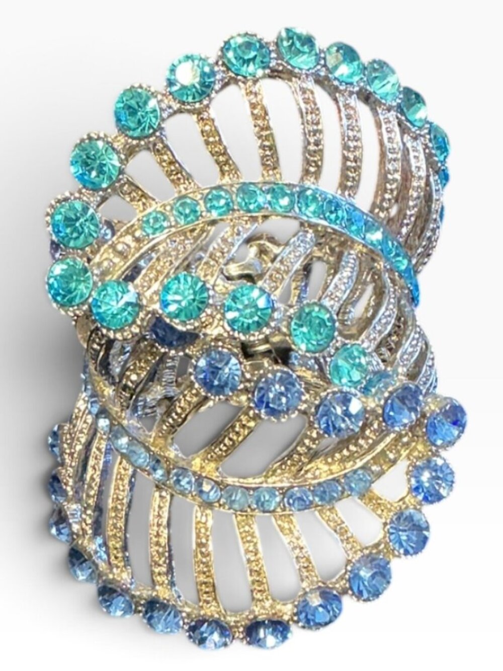 Vintage Rhinestone Clamper Bracelet Blue Aqua Statement Hinged Adjustable